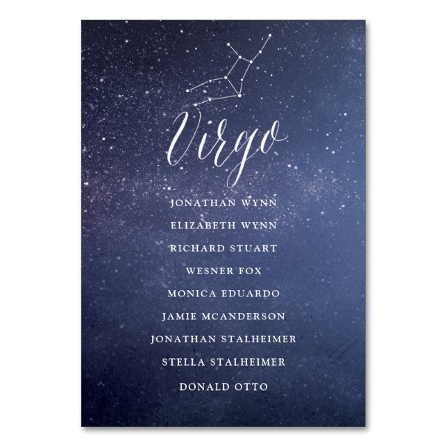 Stars Galaxy Wedding Seating Chart Card Virgo (Front)
