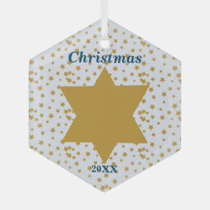 Stars gold pattern on blue Christmas with year Glass Tree Decoration