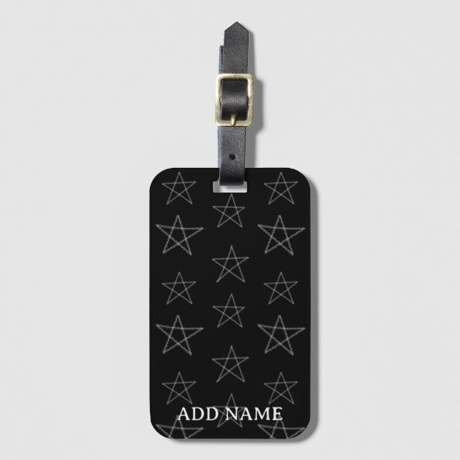Stars Hand Drawn Custom Name Black Luggage Tag (Front Vertical)
