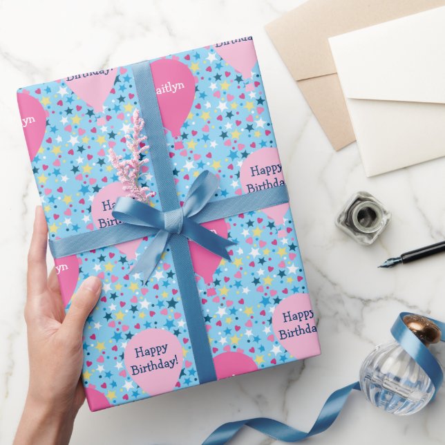Stars Hearts Balloons Personalised Birthday Wrapping Paper (Gifting)
