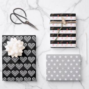 Stars & Hearts on Black and White Wrapping Paper Sheet