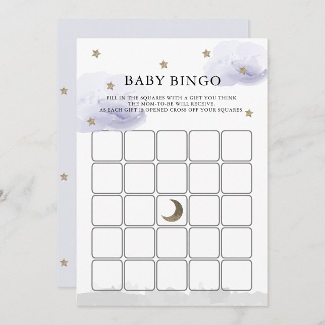 Stars Lavender Clouds Baby Shower Bingo Game Card (Front/Back)