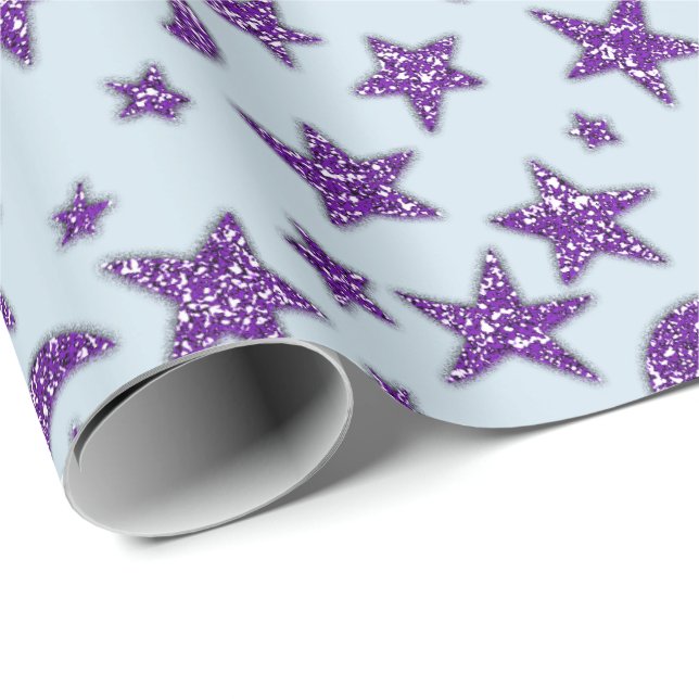 Stars Moon Amethyst Purple Plum Sparkly Blue Paste Wrapping Paper (Roll Corner)