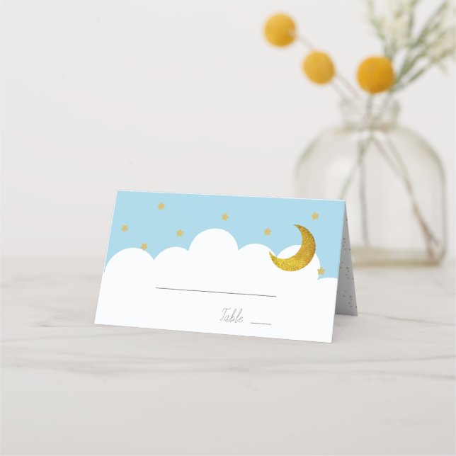 Stars & Moon Baby Blue Boy Place Card (Front)