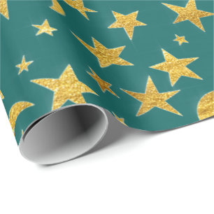 Stars Moon Black Sky Black Gold Teal Aquatic Wrapping Paper