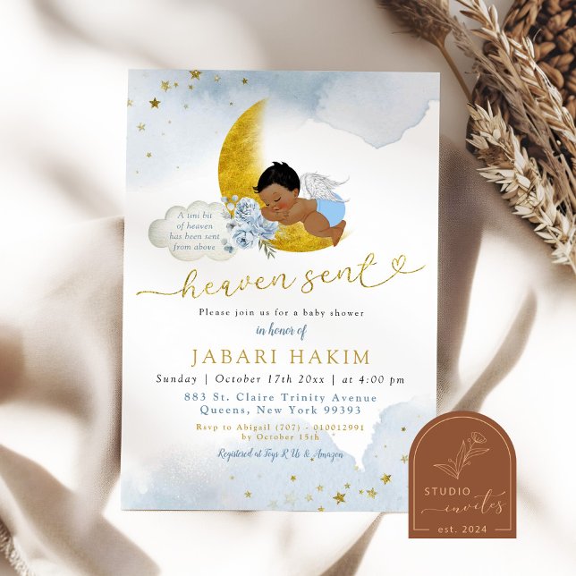 Stars Moon Blue African Angel Boy Baby Shower Invitation (Creator Uploaded)