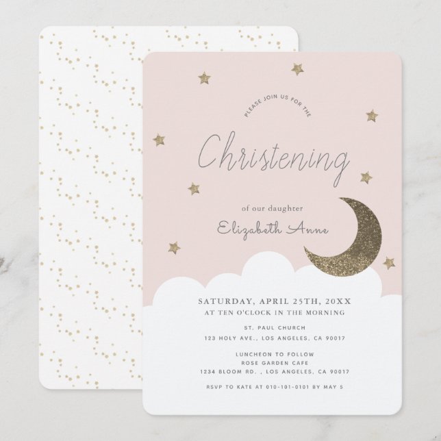 Stars & Moon Blush Pink Girl Christening Invitation (Front/Back)