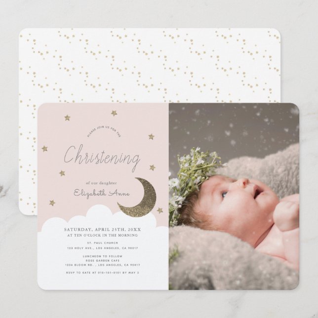 Stars & Moon Blush Pink Girl Photo Christening Invitation (Front/Back)