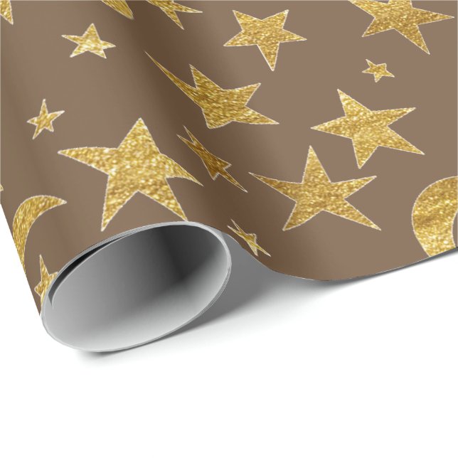 Stars Moon Bronze Maroon Gold Metall Sky Champaign Wrapping Paper (Roll Corner)