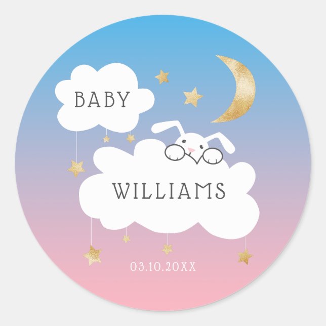 Stars Moon Bunny Pink Blue Gold Baby Shower Classic Round Sticker (Front)