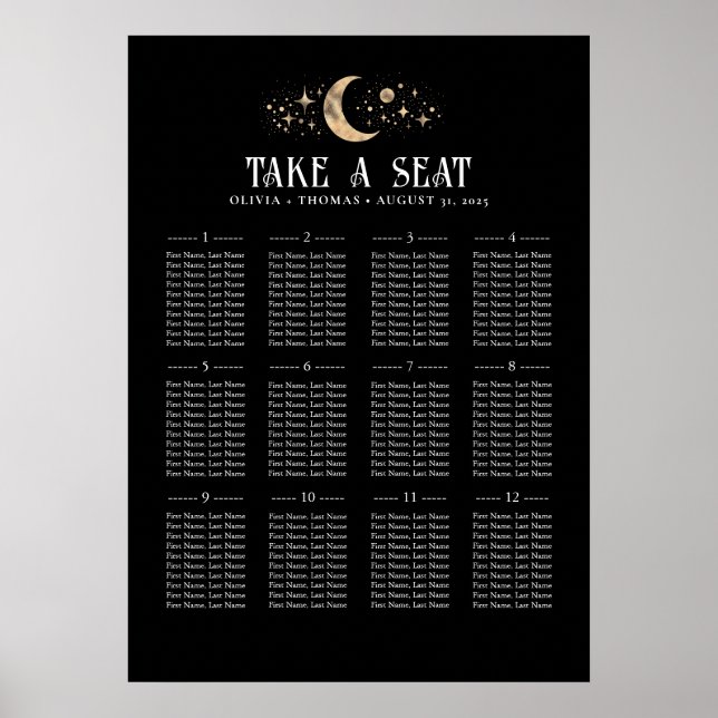Stars Moon Celestial Black Wedding Seating Chart (Front)