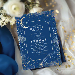 Stars Moon Celestial Navy Blue Wedding Invitation