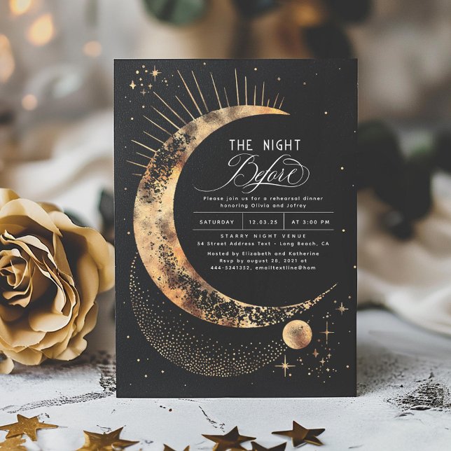 Stars Moon Celestial Night Rehearsal Dinner Invitation (Starry Night Magical Rehearsal Dinner Invitations in Black)