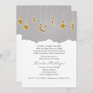 Stars Moon & Clouds Baby Shower Grey Invitations