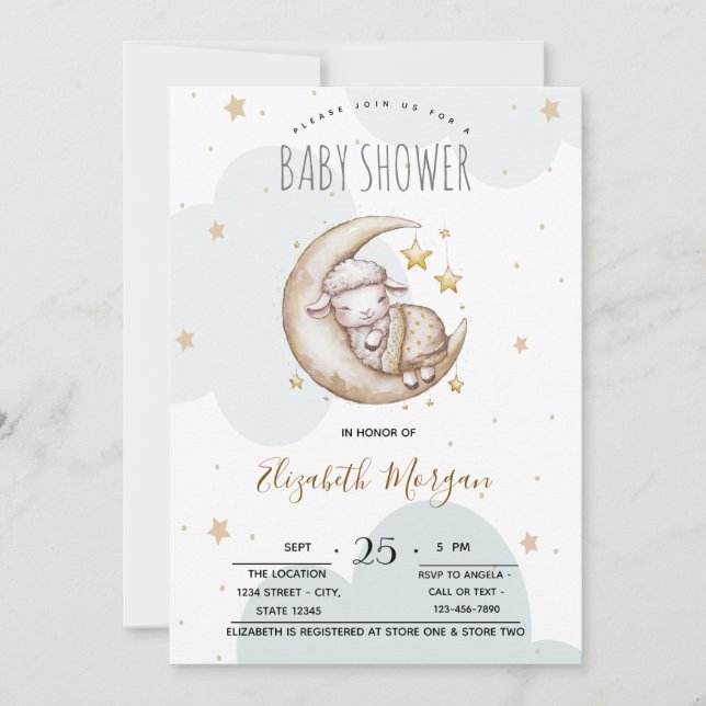 Stars Moon Clouds Little Sheep Baby Shower  Invitation (Front)