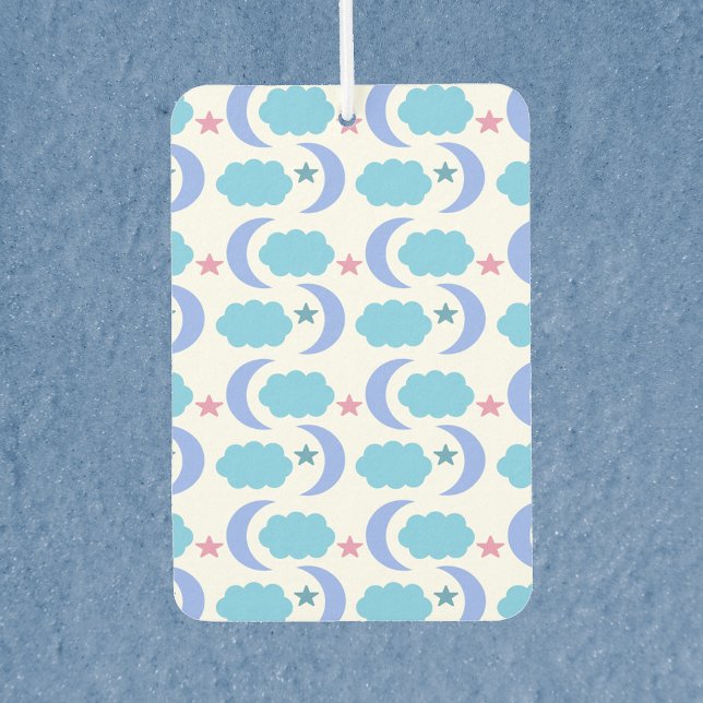 Stars Moon Clouds Pattern Blue Pink Purple Car Air Freshener (An air freshener with a pattern of blue clouds, purple moons and pink stars.)