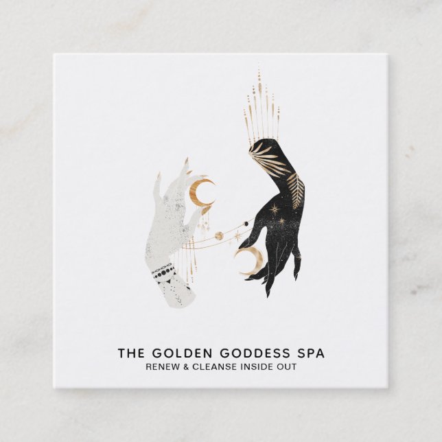 *~* Stars Moon Mystic  Hands Gold Palm Leaves Spa Square Business Card (Front)