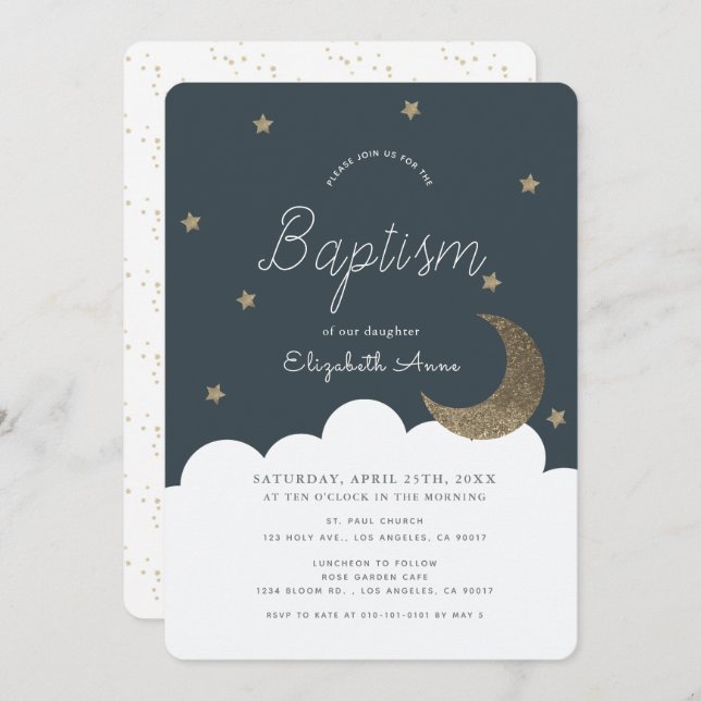Stars & Moon Navy Blue Boy Baptism Invitation (Front/Back)