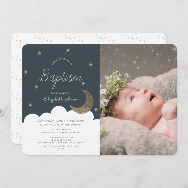 Stars & Moon Navy Blue Boy Photo Baptism Invitation (Front/Back)