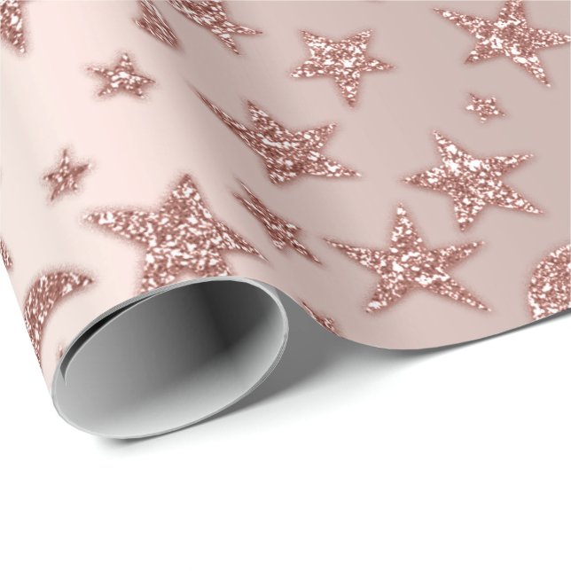 Stars Moon Skinny Rose Blush Sparkly Pastel VIP Wrapping Paper (Roll Corner)