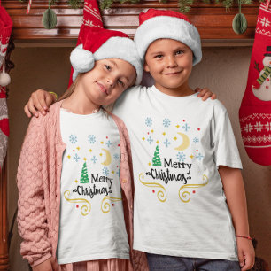 Stars, Moon, Snowflakes, and Merry Christmas Kids T-Shirt