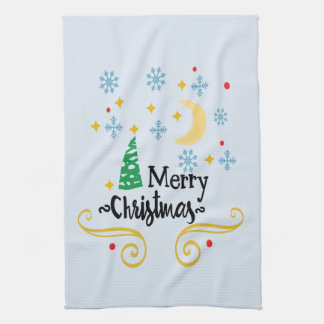 Stars, Moon, Snowflakes, and Merry Christmas, ZSSG Tea Towel