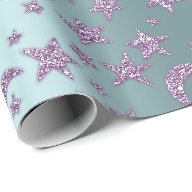 Stars Moon Sparkly Lavender Purple Violet Aqua Wrapping Paper (Roll Corner)