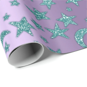 Stars Moon Sparkly Teal Purple Glitter Night Wrapping Paper