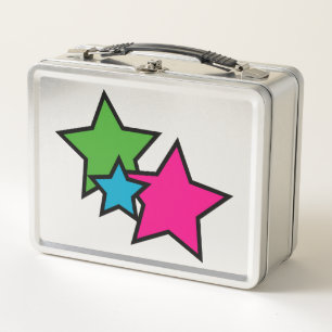 Stars Neon Colour Blue Green Pink Black Metal Lunch Box