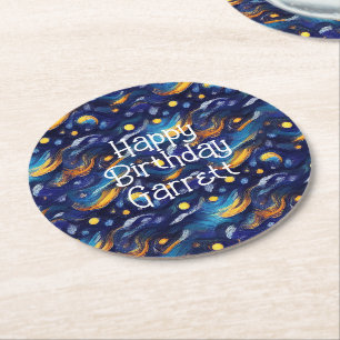 Stars Night Sky Birthday Round Paper Coaster