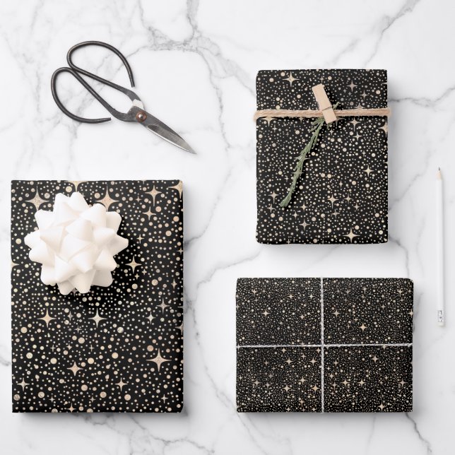 Stars Night Sky Celestial Black and Gold Pattern Wrapping Paper Sheet (Front)