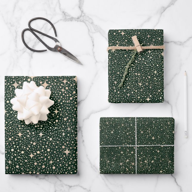 Stars Night Sky Celestial Emerald Green and Gold Wrapping Paper Sheet (Front)