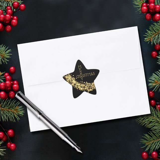 Stars on Black Merry Christmas Star Sticker (Stars on black Merry Christmas star sticker or envelope seal)
