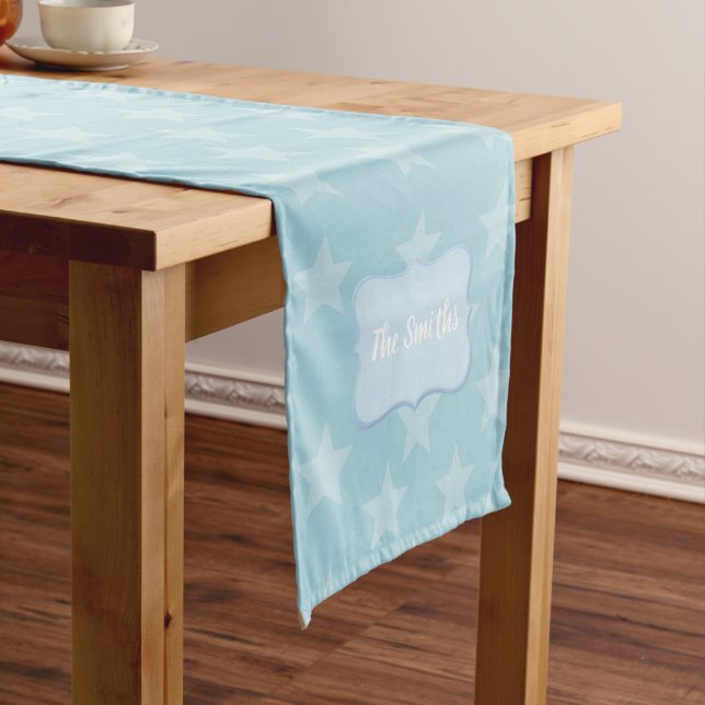 Stars on Blue Monogram or Name Custom Short Table Runner (In Situ)