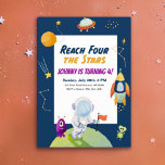 Stars Outer Space Kids 4th Birthday Party Invites<br><div class="desc">Reach FOUR the Stars! Customise this 4th birthday party invitation with an outer space theme for your boy or girl. Shooting stars, friendly alien creatures, an astronaut, rocketship, UFO and colourful planets create the perfect fourth birthday party invitations for your toddler that's out of this world. Solid dark mustard yellow...</div>