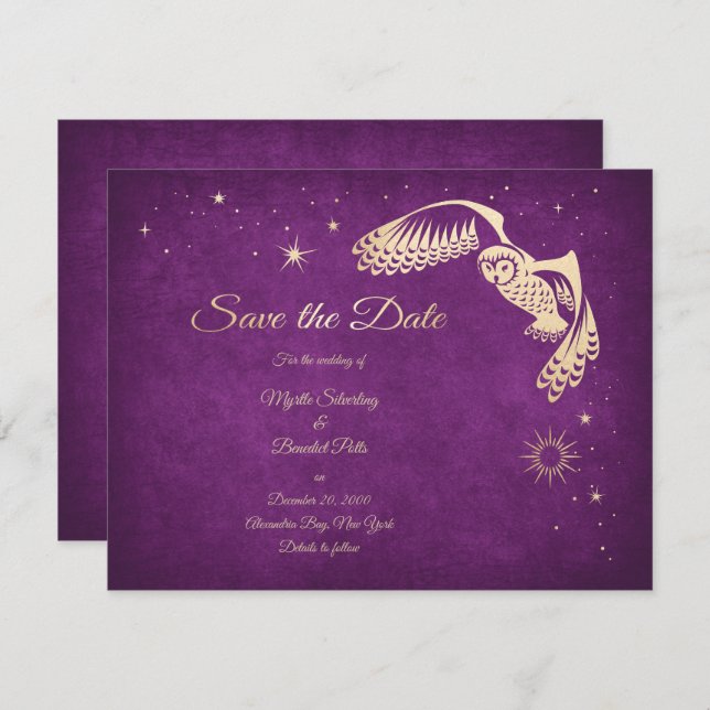 Stars Owl Purple Wizard Magic Wedding Save The Date (Front/Back)