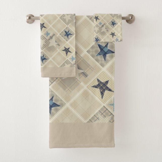 Stars , patchwork , blue bath towel set (Insitu)