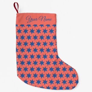 Stars Pattern Trending Colours Coral Blue Name Small Christmas Stocking