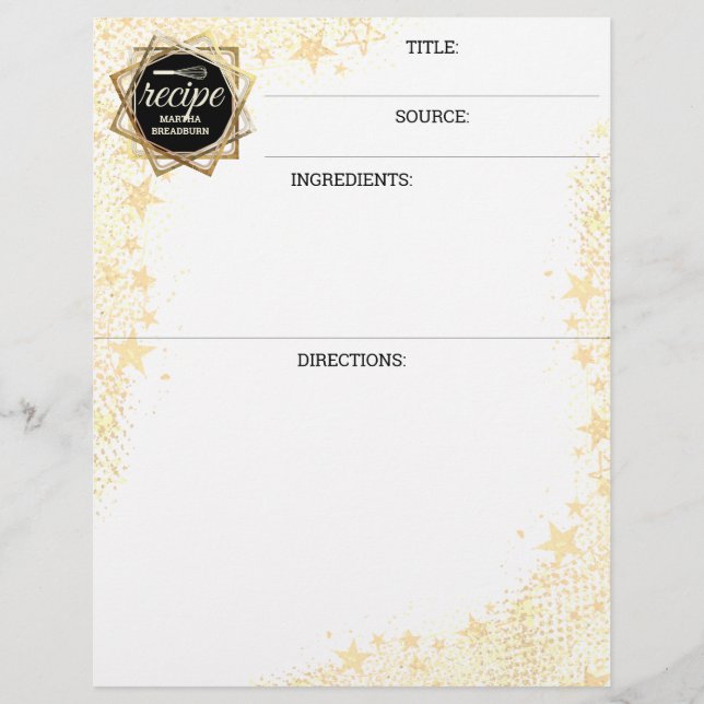 Stars personalised cookbook recipe letterhead (Front)