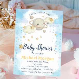Stars Planet Clouds Blue Baby Shower Invitation