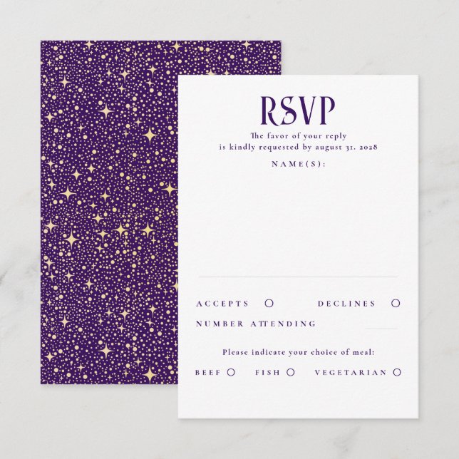 Stars Purple and Gold Wedding RSVP Card (Front/Back)