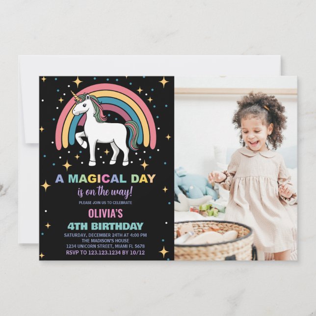 Stars Rainbow Unicorn Birthday Invitations photo (Front)