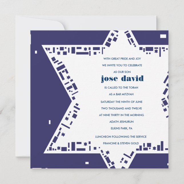Stars & Squares Bar Bat Mitzvah Invitation Blue (Front)
