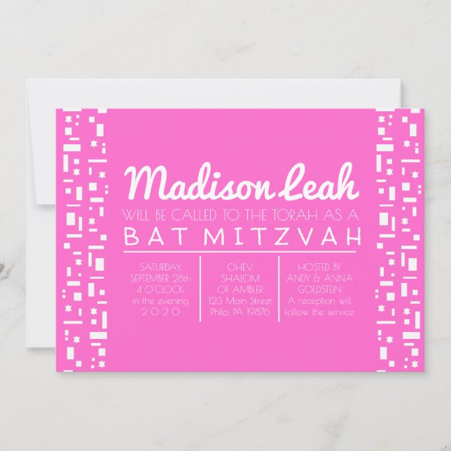 Stars & Squares PINK Bat Mitzvah Invitation (Front)