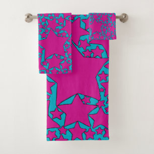 Stars, Stars, Stars in Turquoise and Hot Pink Bath Towel Set