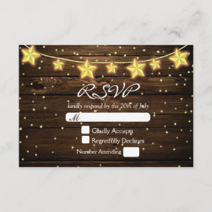 Stars String Lights Rustic Wood Wedding RSVP Card
