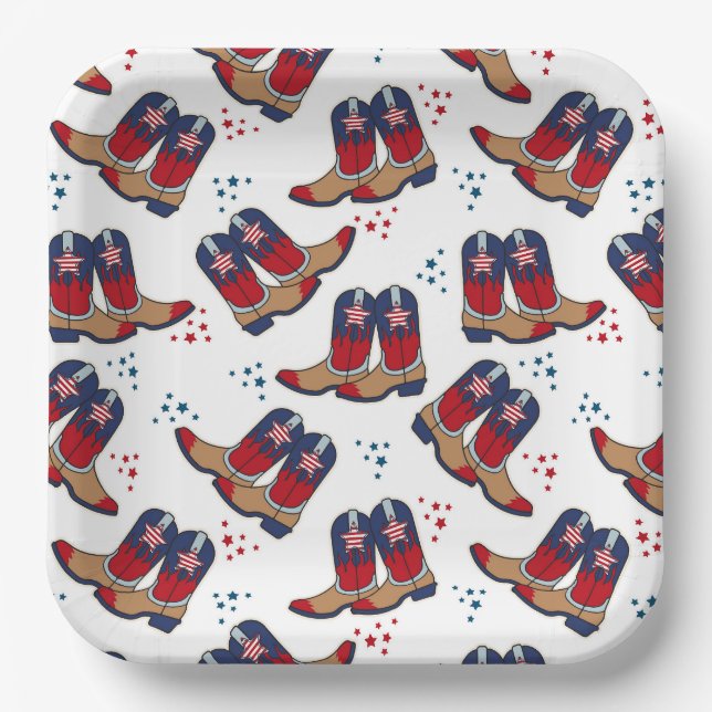 Stars, Stripes & Cowboy Boots – Patriotic Party  Paper Plate (Front)