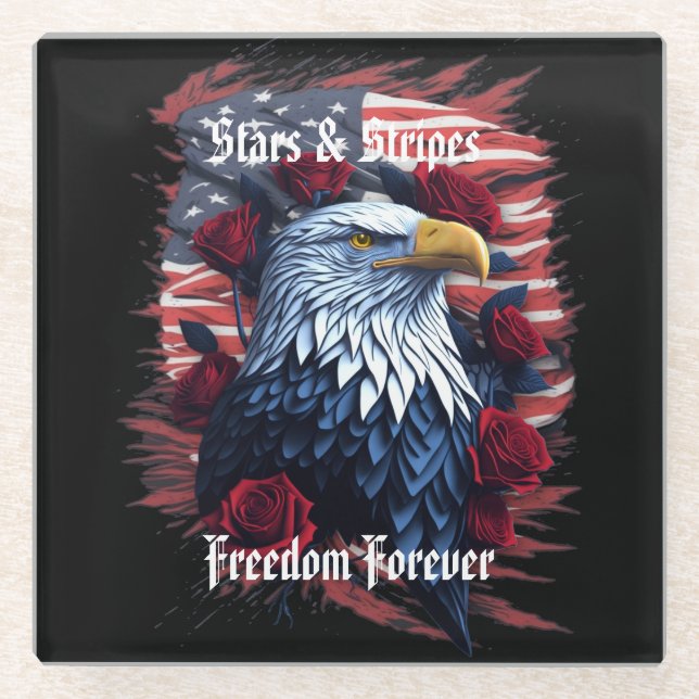 Stars Stripes Freedom Forever Eagle American Flag Glass Coaster (Front)