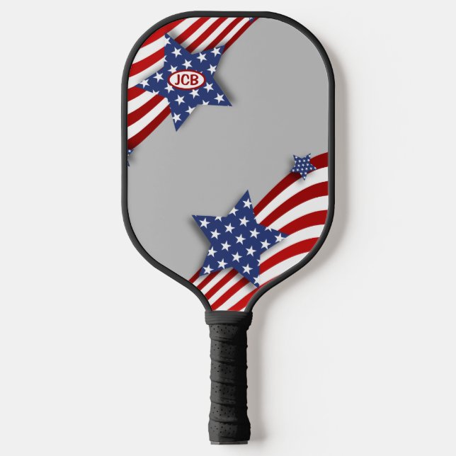 Stars & Stripes on Grey Personalised Pickleball Paddle (Front)