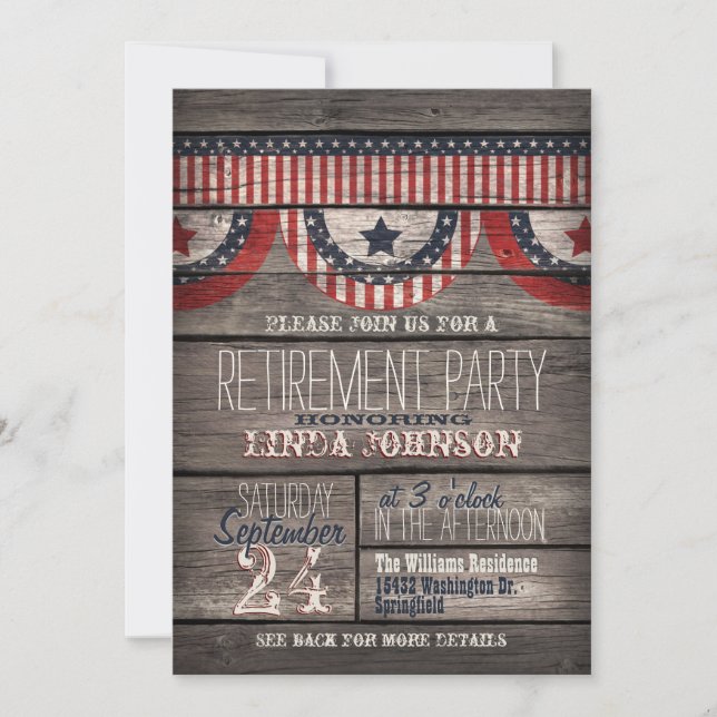 Stars & Stripes on Rustic Wood Retirement Party Invitation (Front)